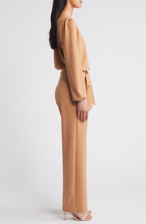 Nikki Lund Laurie Long Sleeve Tie Waist Jumpsuit In Almond