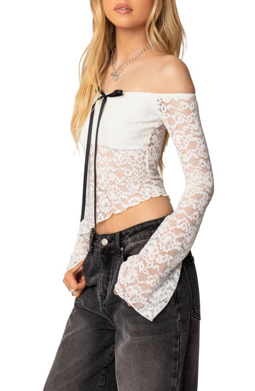 Shop Edikted Off The Shoulder Asymmetric Lace Top In White