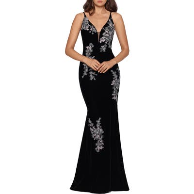 Xscape Embroidered Velvet Trumpet Gown, Black