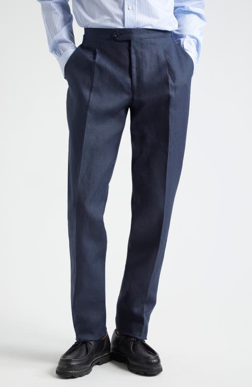 Tailored Pleated Linen Pants in Navy