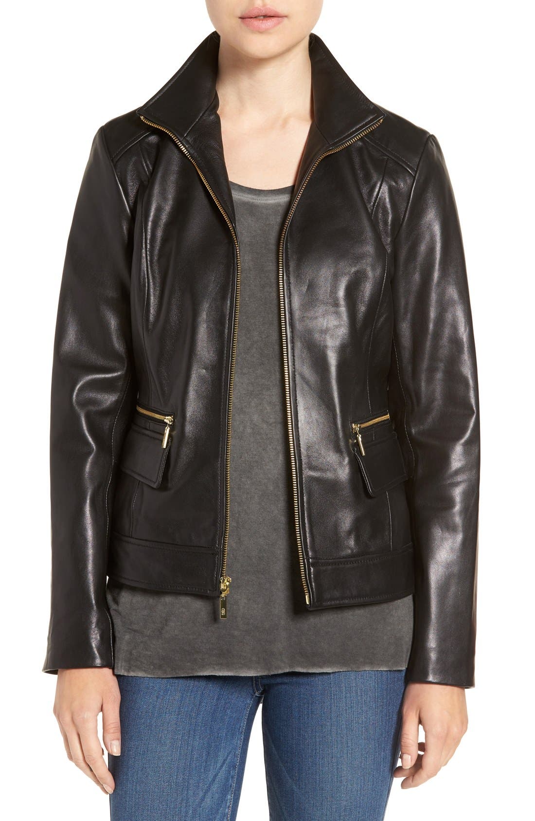 Cole Haan Womens Wing Collar Lether Jacket