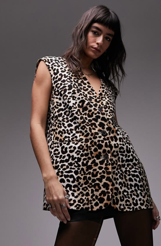 Topshop Leopard Print Linen Blend Vest In Black Multi