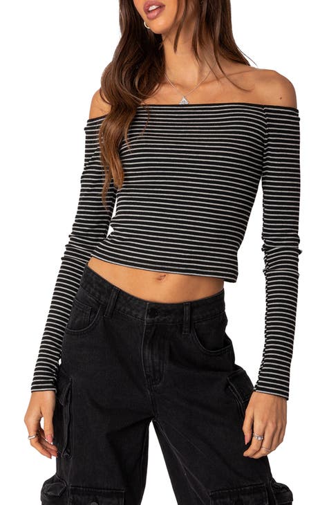 Canary Stripe Off the Shoulder Rib Crop Top