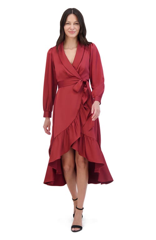 Shop Vince Camuto Long Sleeve Faux Wrap Satin High-low Dress In Fawn