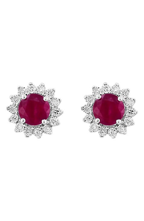 14K White Gold Gemstone Diamond Halo Stud Earrings - 0.14ct.