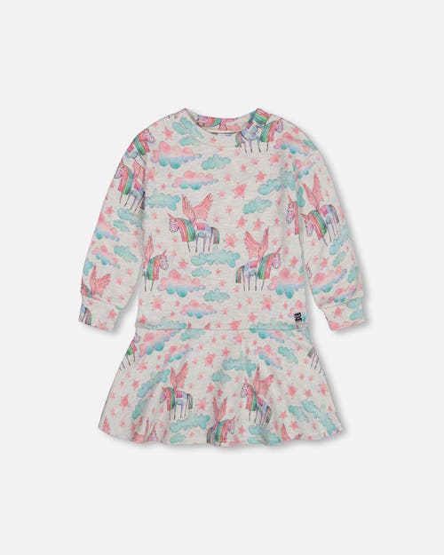 Shop Deux Par Deux Little Girl's Printed Shiny French Terry Dress Gray Mix Printed Unicorn In Printed Angel Unicorns