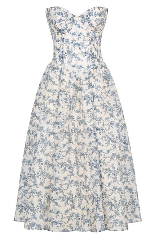 House Of Cb Womens English Porcelain Bennett Graphic-print Strapless Cotton-blend Midi Dress In Navy Cream Floral