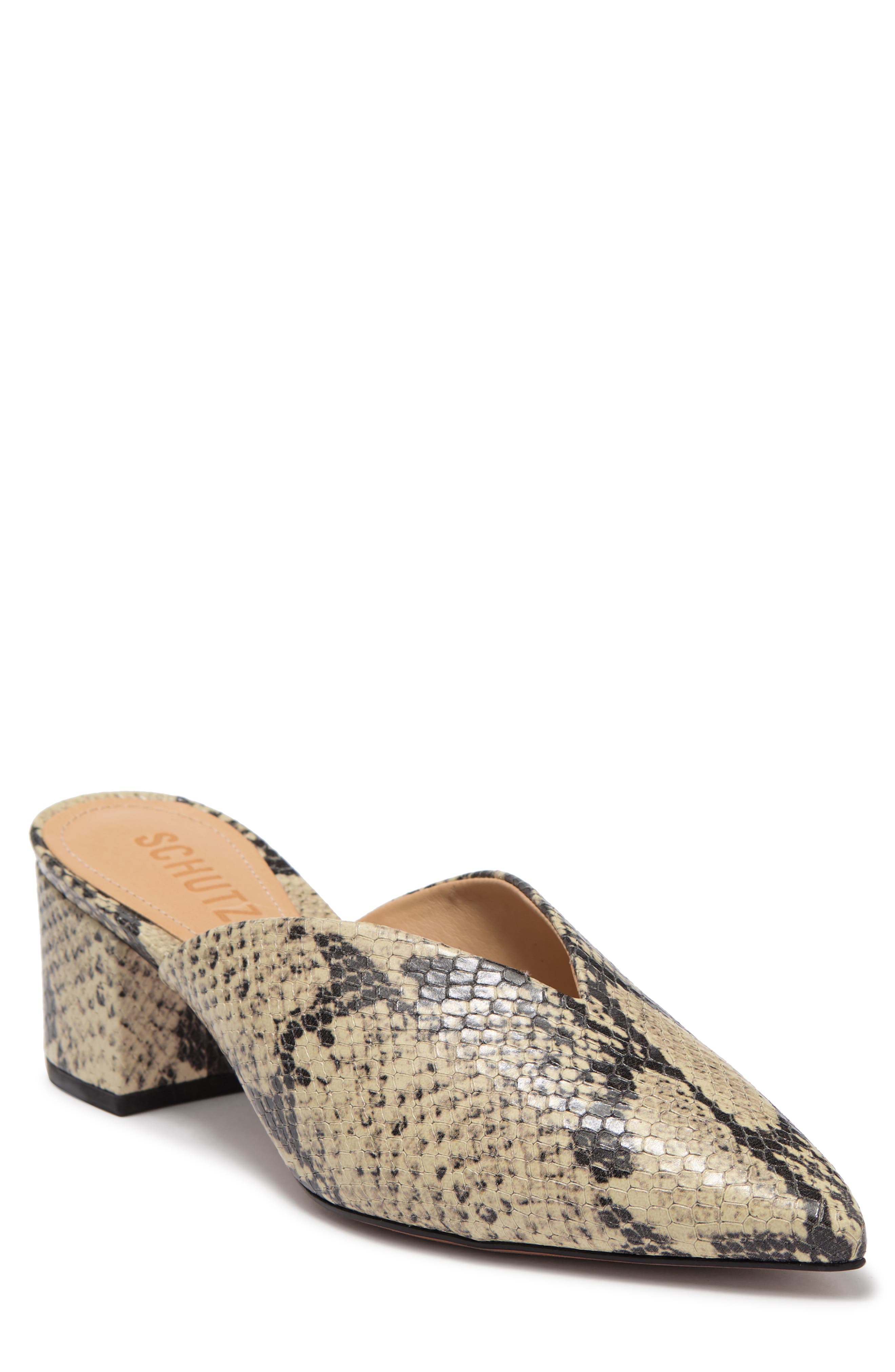 pointed toe block heel mules