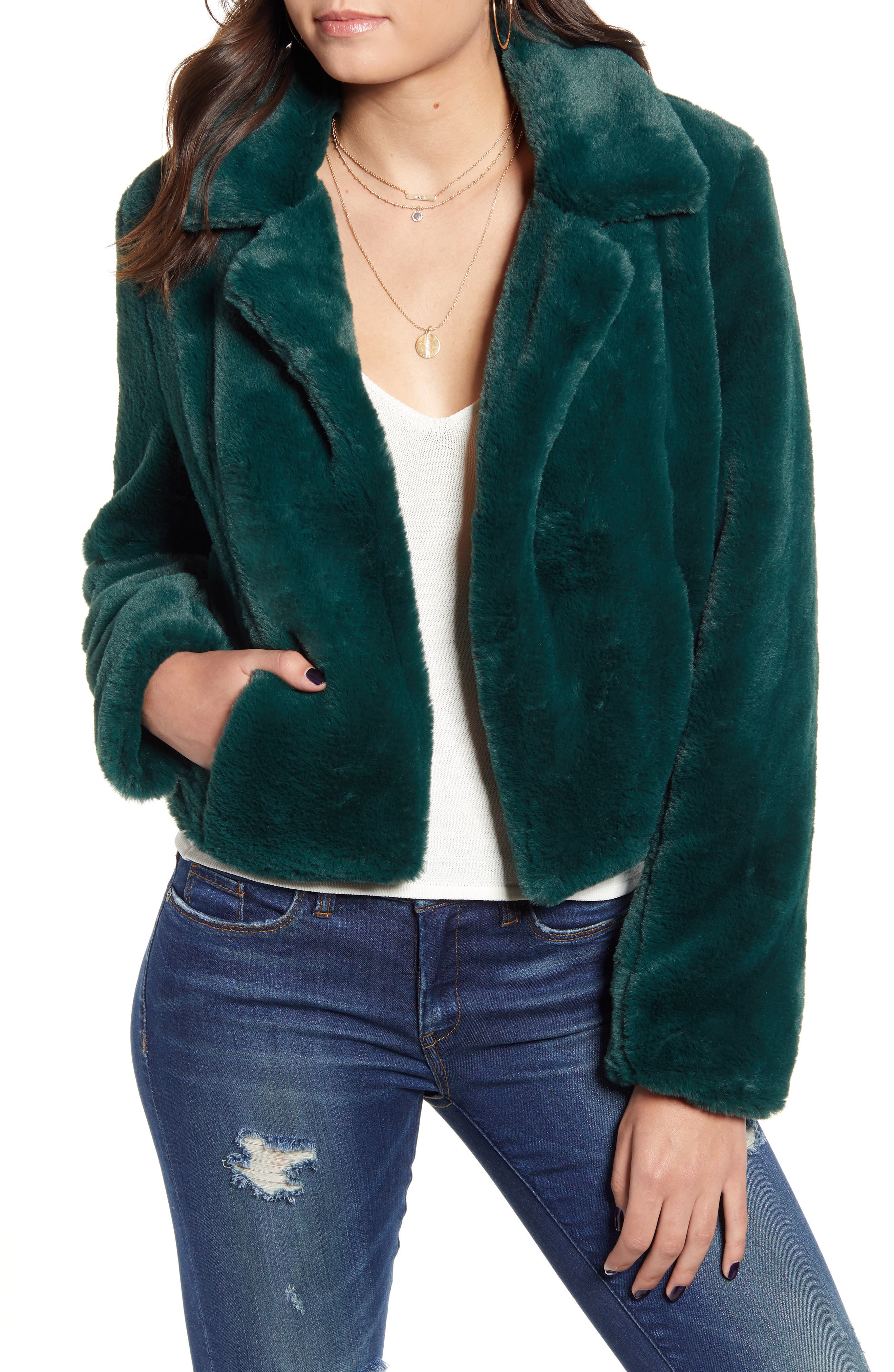 blank denim cropped faux fur jacket