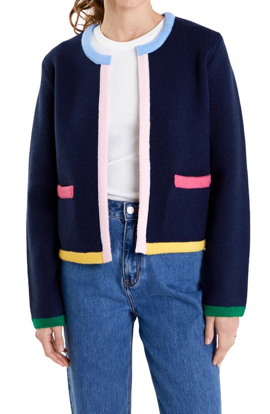 Shop English Factory Colorblock Cardigan In Navy Multi