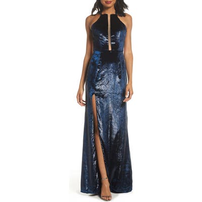 La Femme Open Back Textured Velvet Gown, Blue