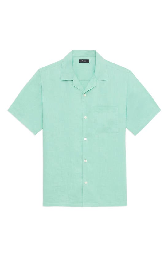 Shop Theory Noll Short Sleeve Linen Button-up Camp Shirt In Celadon