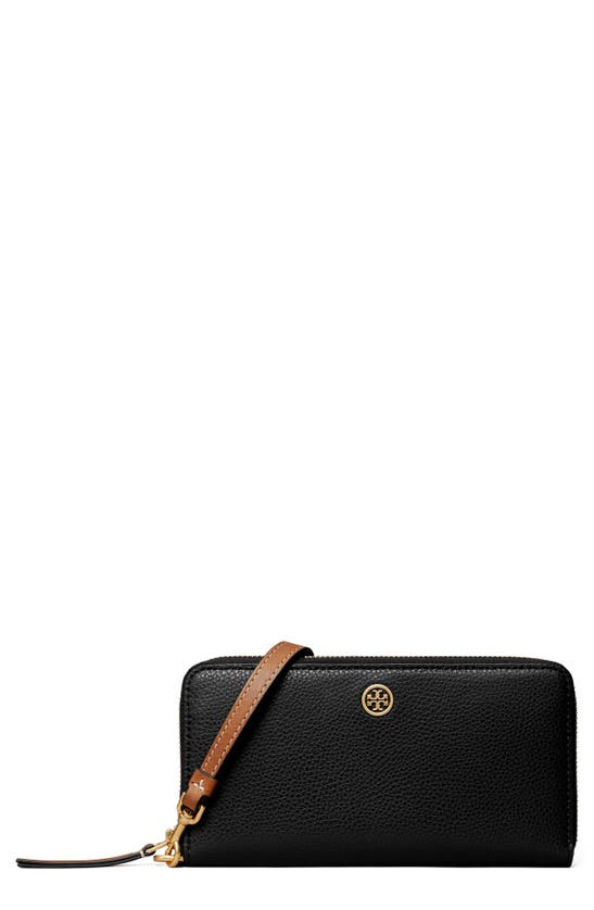 Shop Tory Burch Robinson Pebble Leather Zip Around Continental Wallet In Black