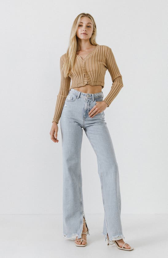 Shop Endless Rose Crop Lettuce Edge Long Sleeve Top In Camel