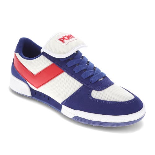 Pony Mens Linebacker Archive Genuine Leather And Mesh Premium Lace Up Athletic Sneaker Shoe In White/blue/red