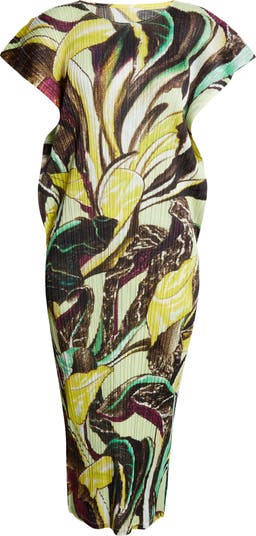 Pleats Please Issey Miyake Tardivo Print Pleated Cap Sleeve Dress