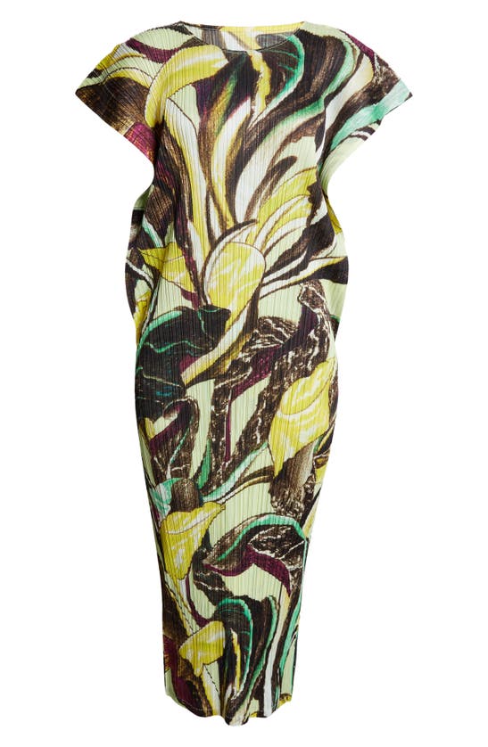 Shop Issey Miyake Tardivo Print Pleated Cap Sleeve Dress In Khaki