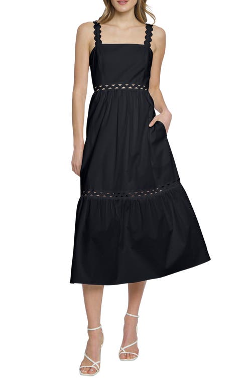 Sleeveless Tiered Stretch Poplin Midi Dress in Black