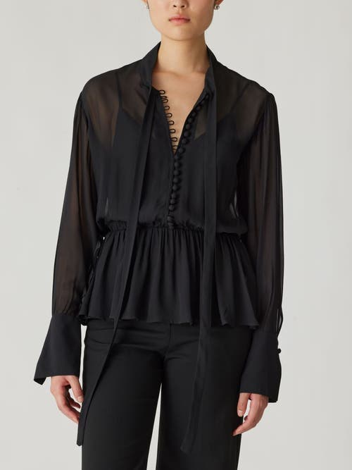 Rebecca Taylor Covered Button Tie Front Blouse In Black