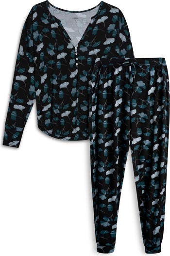 AQS Ginkgo Print Long Sleeve Henley & Joggers 2-Piece Pajama Set