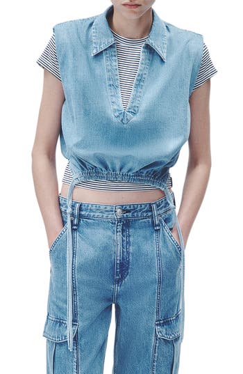 Rag & Bone Fiona Ultra Featherweight Sleeveless Denim Crop Top In Billie