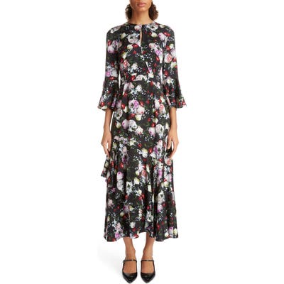 Erdem Ruffle Detail Floral Print Satin Midi Dress, US / 8 UK - Black