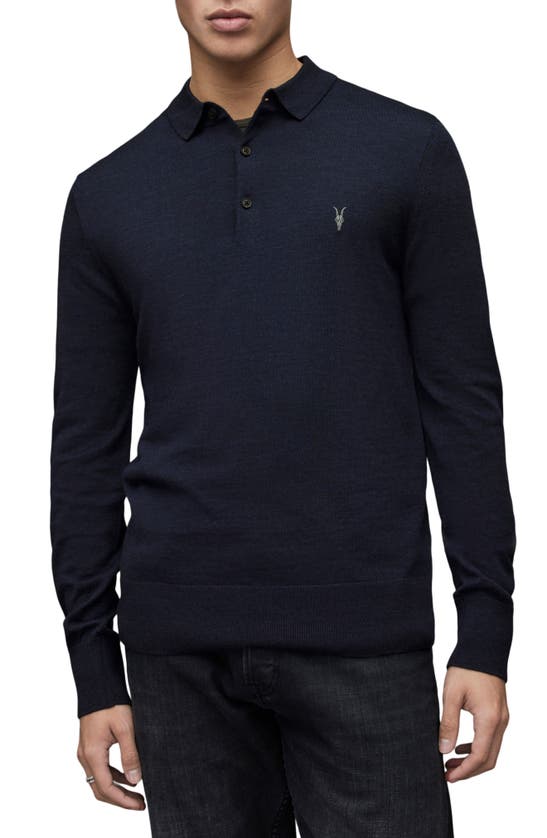 Allsaints Mode Merino Wool Solid Long Sleeve Polo Shirt In Deep Blue