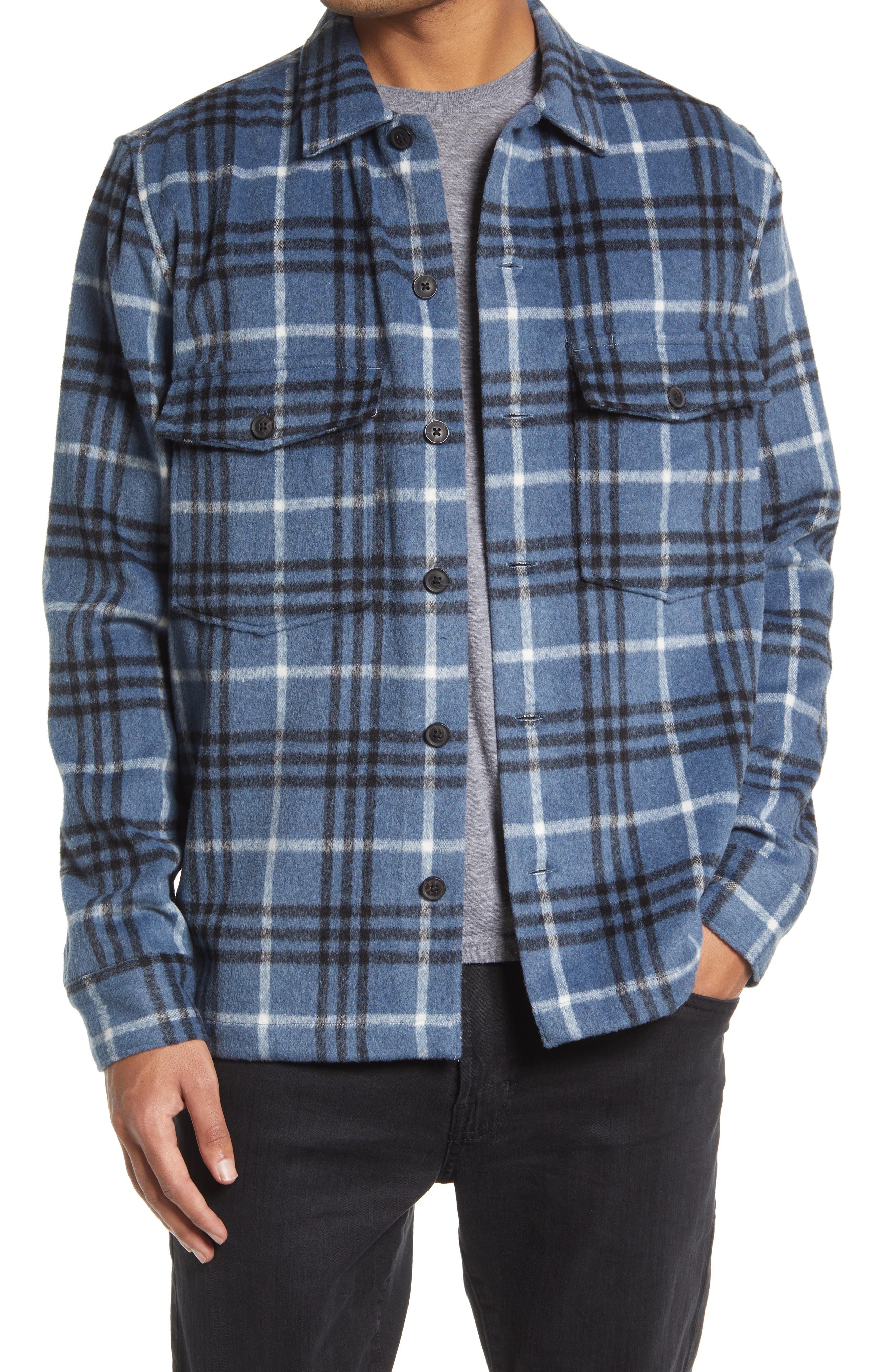 double zipper plaid pocket hooded shirt jacket