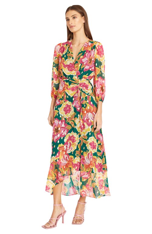 Shop Donna Morgan For Maggy Floral Print Metallic Long Sleeve High/low Maxi Dress In Green/raspberry