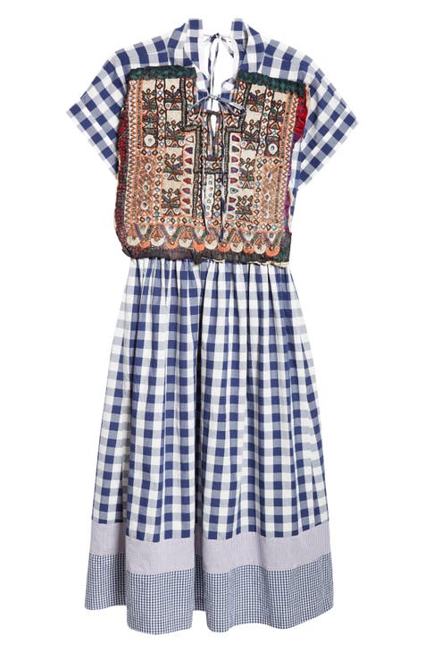 Gingham Cotton Midi Dress with Hand Embroidered Overlay