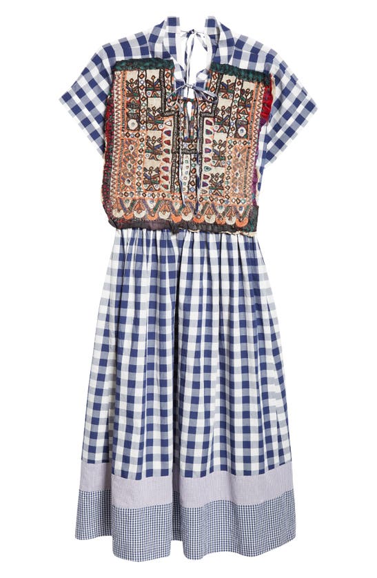 Shop Tao Comme Des Garçons Gingham Cotton Midi Dress With Hand Embroidered Overlay In Navy/ White