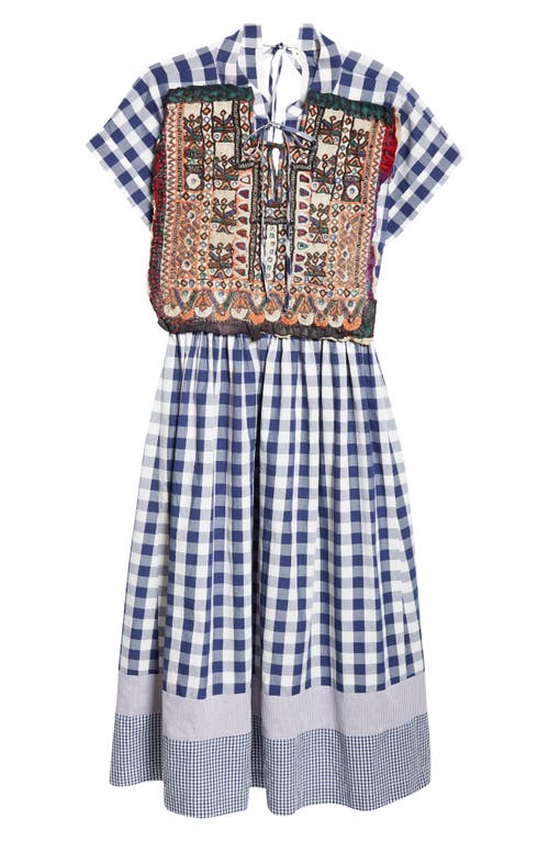 TAO COMME DES GARÇONS TAO COMME DES GARÇONS GINGHAM COTTON MIDI DRESS WITH HAND EMBROIDERED OVERLAY 