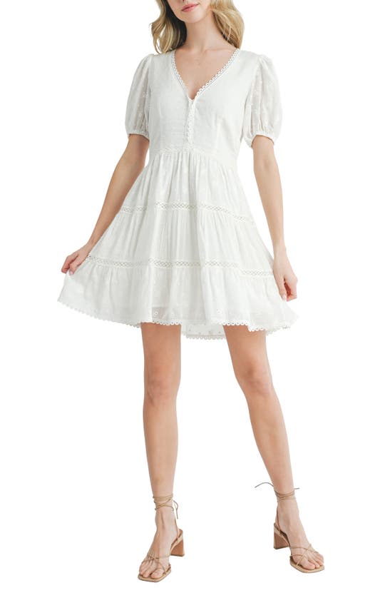 Lush Floral Eyelet Puff Sleeve A-line Dress In White