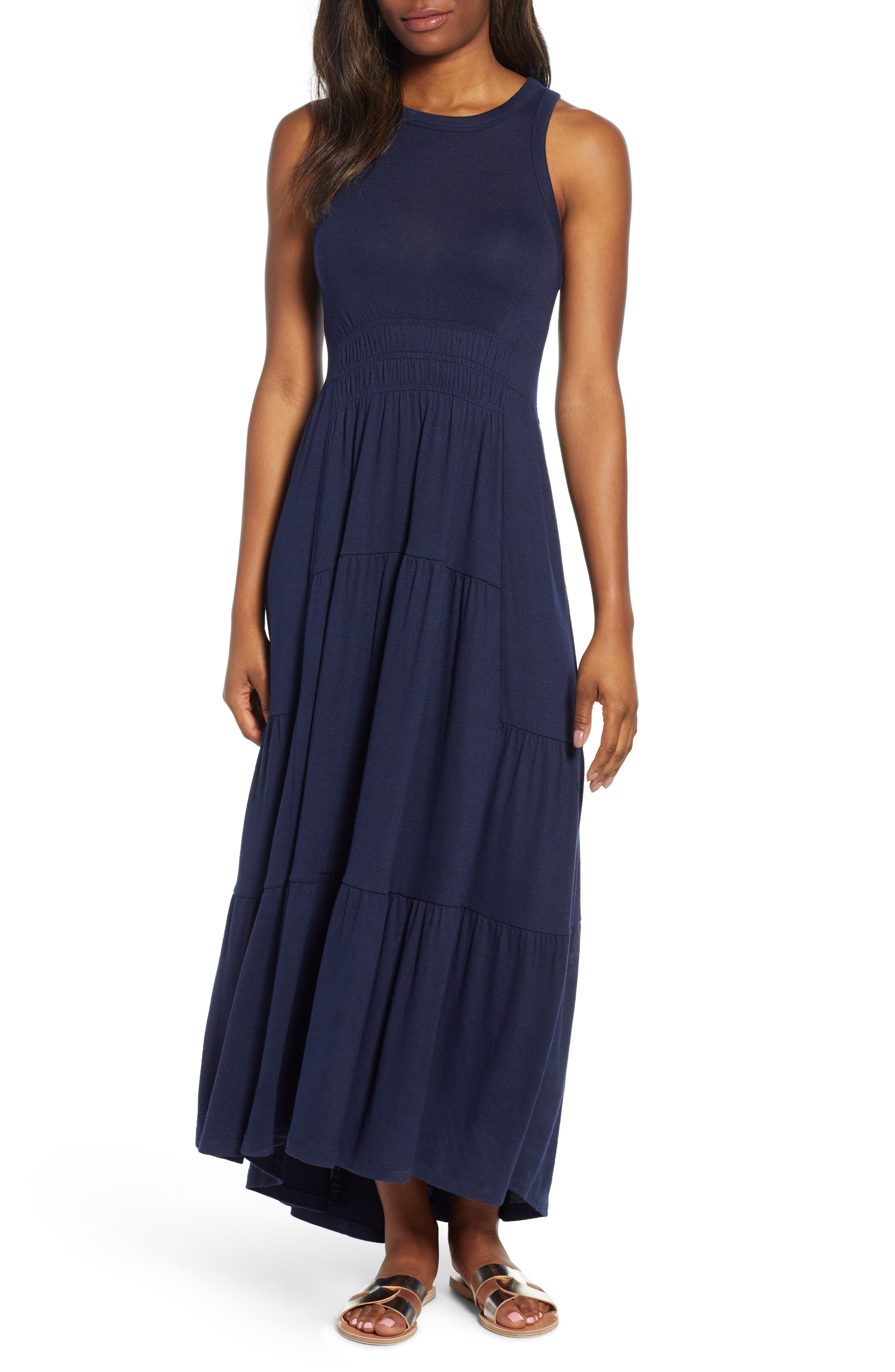 Lucky Brand Smocked Linen Blend Dress, Blue
