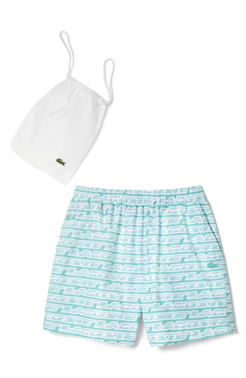 Shop Lacoste Logo Print Cotton Swim Trunks In Cr5 Florida/pastille Mint