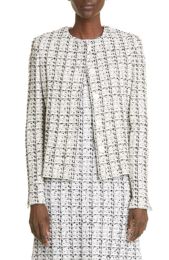 St John Textured Plaid Tweed Knit Jacket In Ecru Black