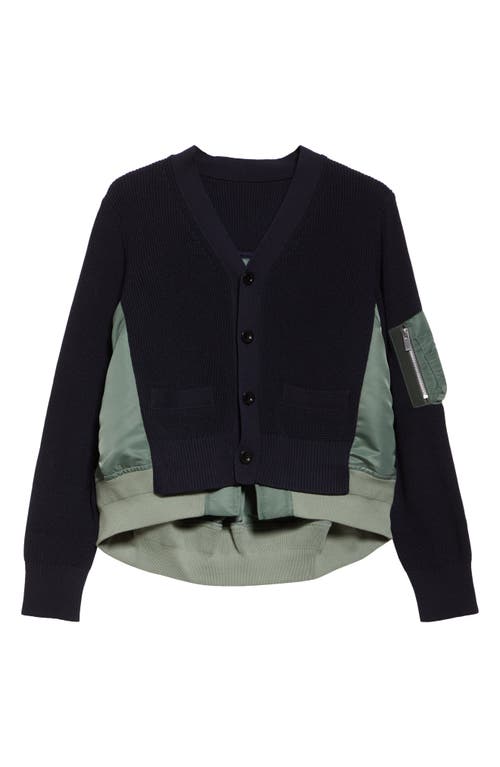 Shop Sacai Mixed Media Cardigan In D/navy X Khaki