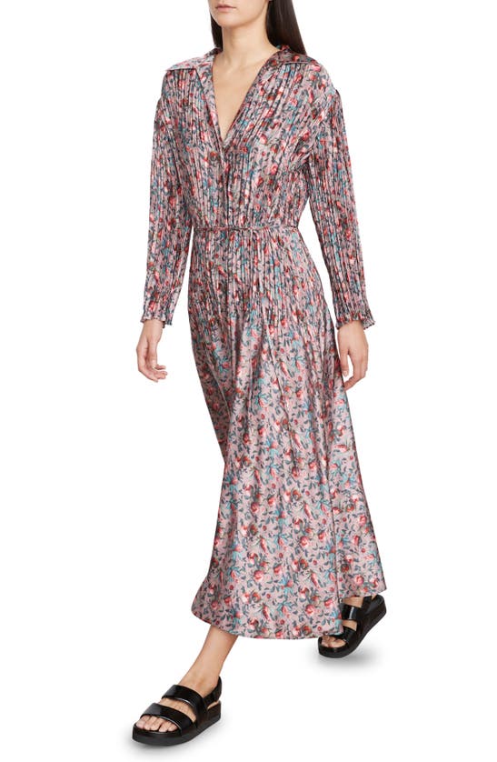 VINCE BERRY BLOOMS PLEATED LONG SLEEVE SHIRTDRESS