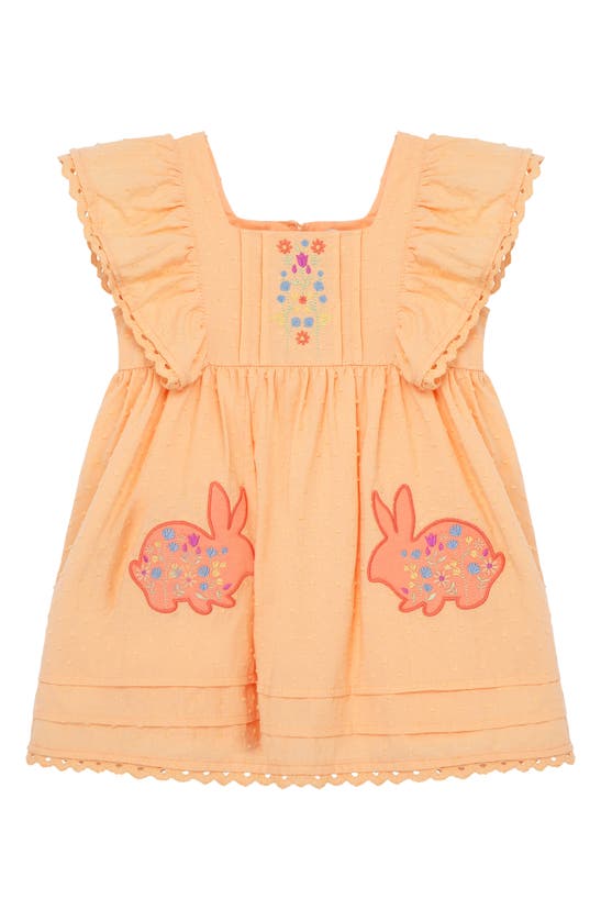 Peek Aren't You Curious Babies' Embroidered Bunny Swiss Dot Cotton Dress In Pale Orange