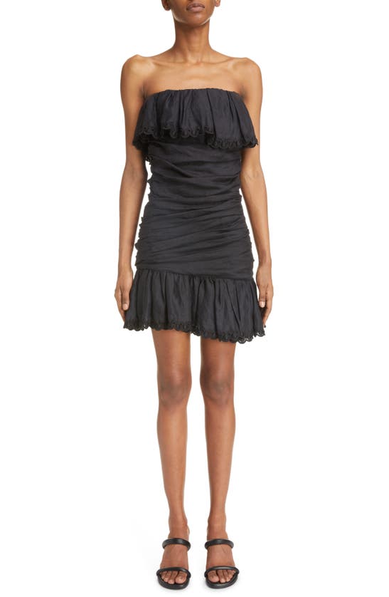 Isabel Marant Oxani Eyelet Ruffle Ruched Strapless Minidress In Black