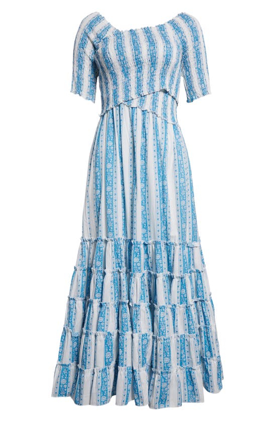 Shop Mille Celia Stripe Smocked Bodice Tiered Ruffle Maxi Dress In Aqua Jaipur Stripe