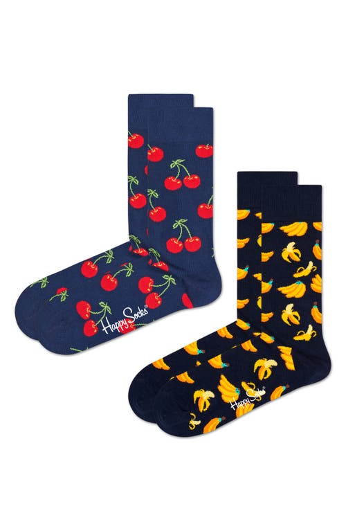 Assorted 2-Pack Classic Fruit Jacquard Cotton Blend Crew Socks in Navy