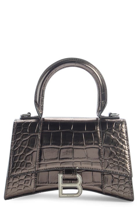 Extra Small Hourglass Croc Embossed Metallic Leather Top Handle Bag