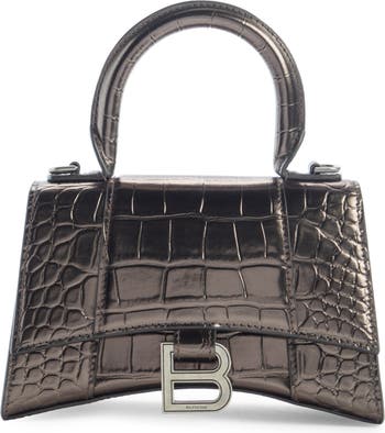 BALENCIAGA XS Hourglass Metallic Croc-Embossed Leather Top Handle