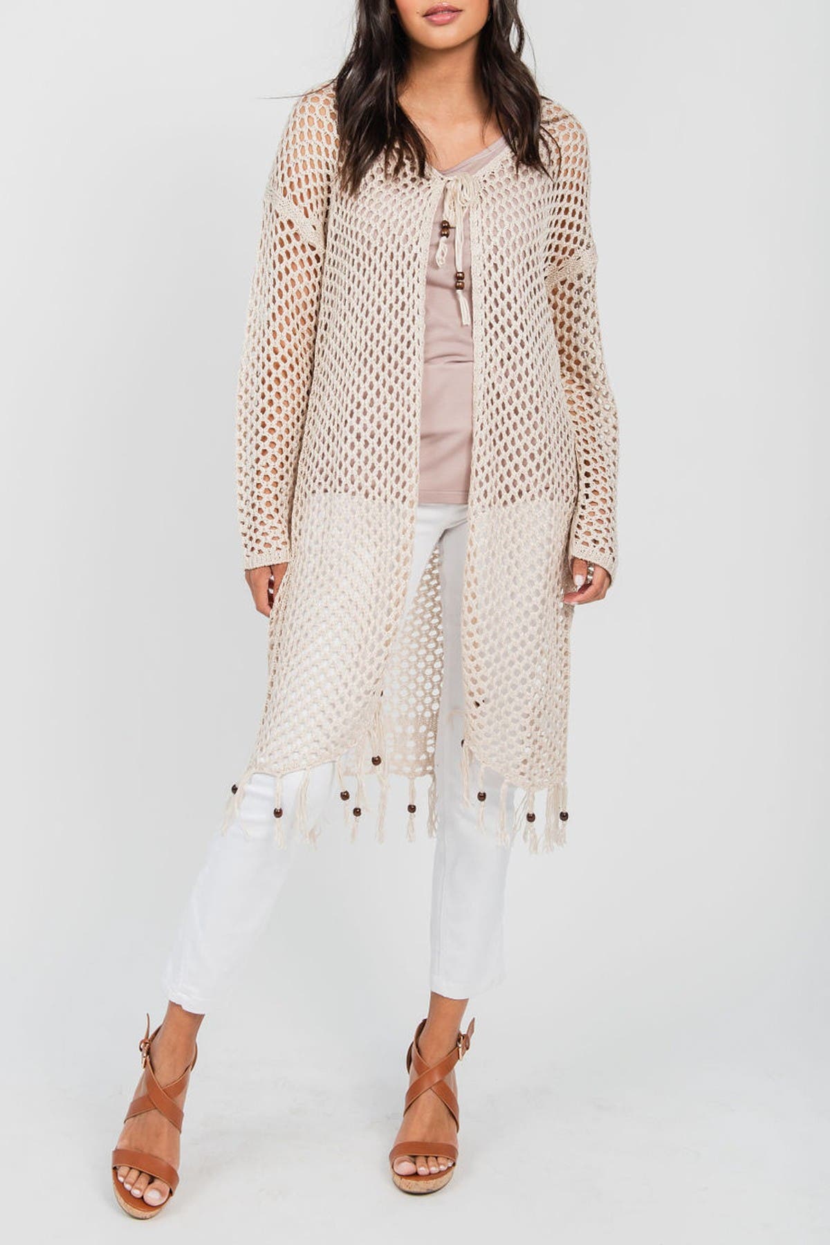 Oneworld Long Sleeve Crochet Duster With Beads In Natural