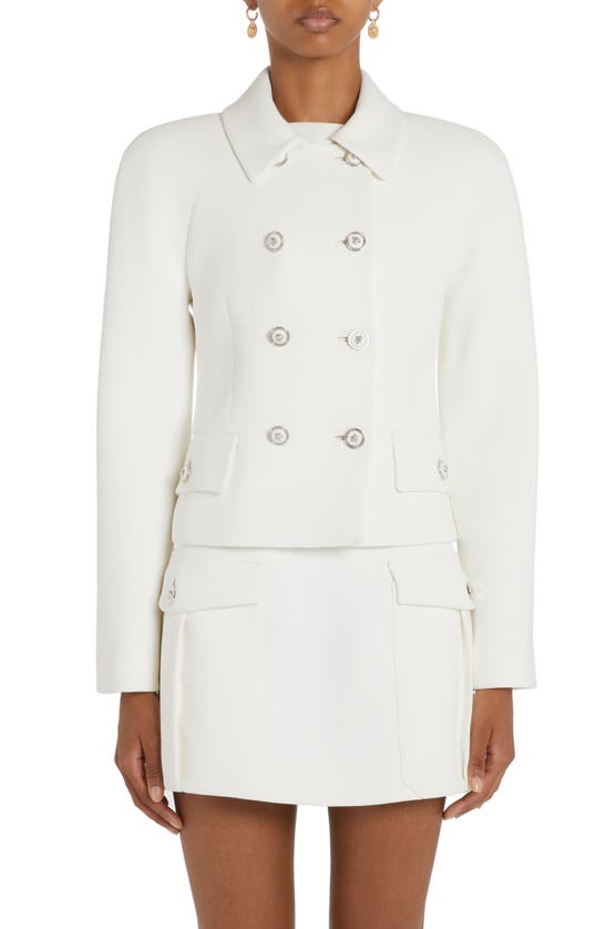 Shop Versace Double Breasted Stretch Crepe Crop Jacket In Optical White
