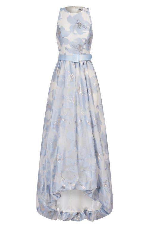 Shop Kay Unger Vivian Metallic Floral Print Sleeveless High/low Gown In Pale Blue/ivory