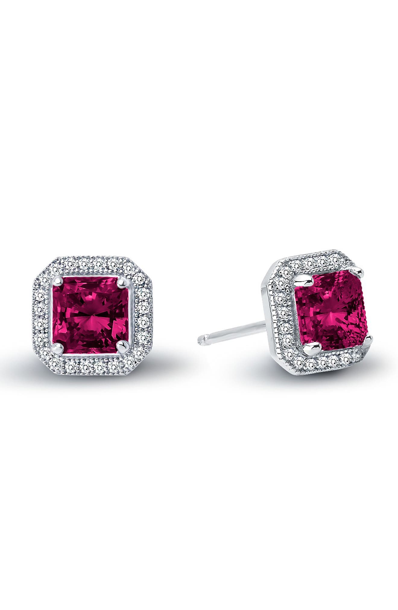 Lafonn Platinum Plated Sterling Silver Princess Cut Simulated Ruby & Simulated Diamond Trim Stud Earrings In White-ruby