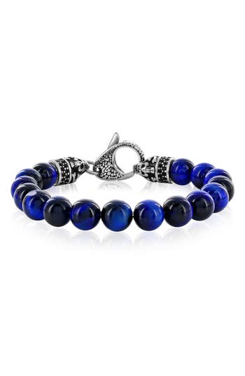 Blackjack Stainless Steel Blue Tiger's Eye Beaded Bracelet In Blue Tiger Eye