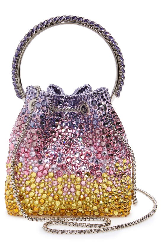 Shop Jimmy Choo Bon Bon Crystal Drawstring Top Handle Pouch In Sunset